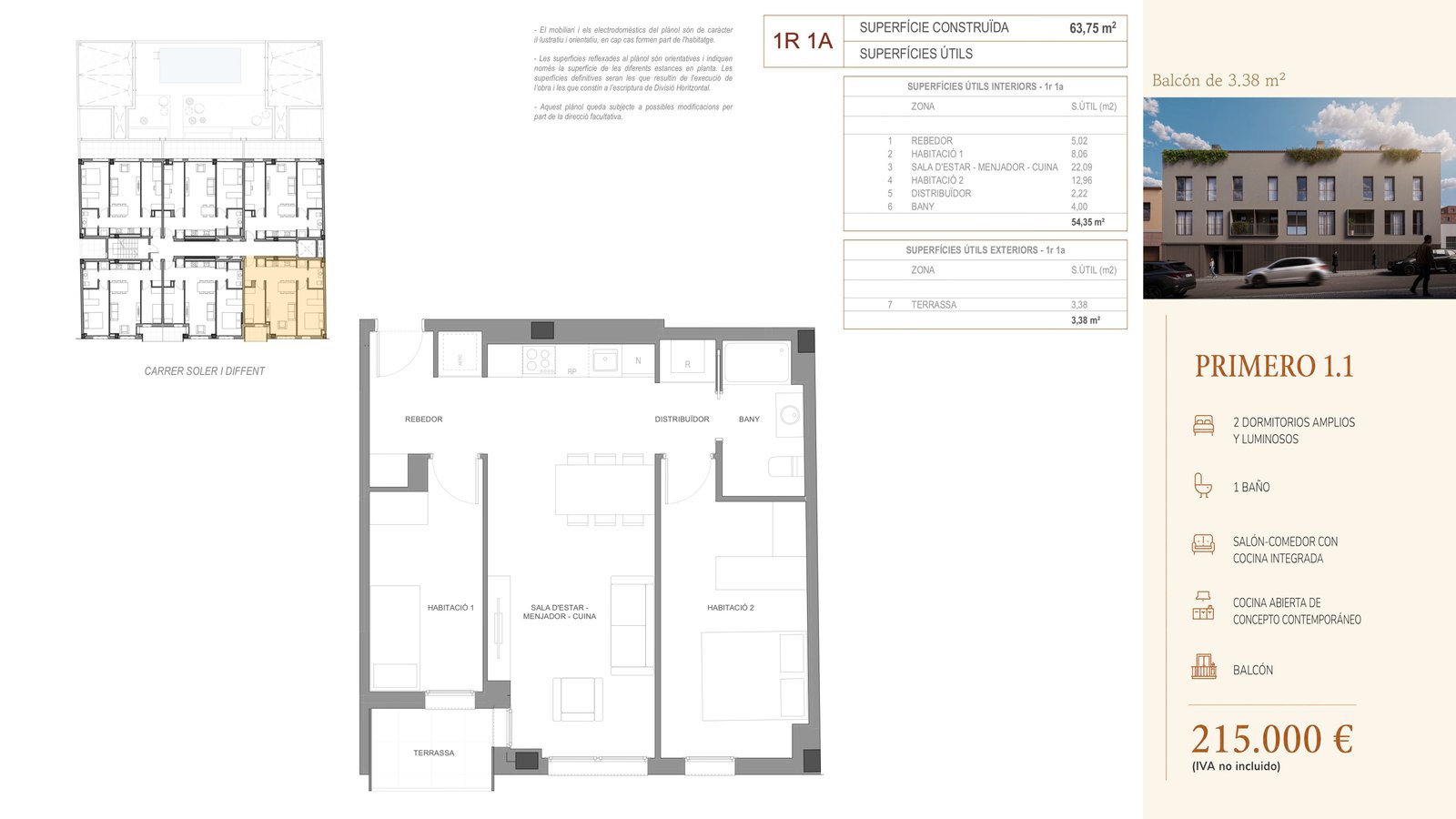 Plano de Primero 1.1 en Residencial Soler i Diffent, vivienda reservada