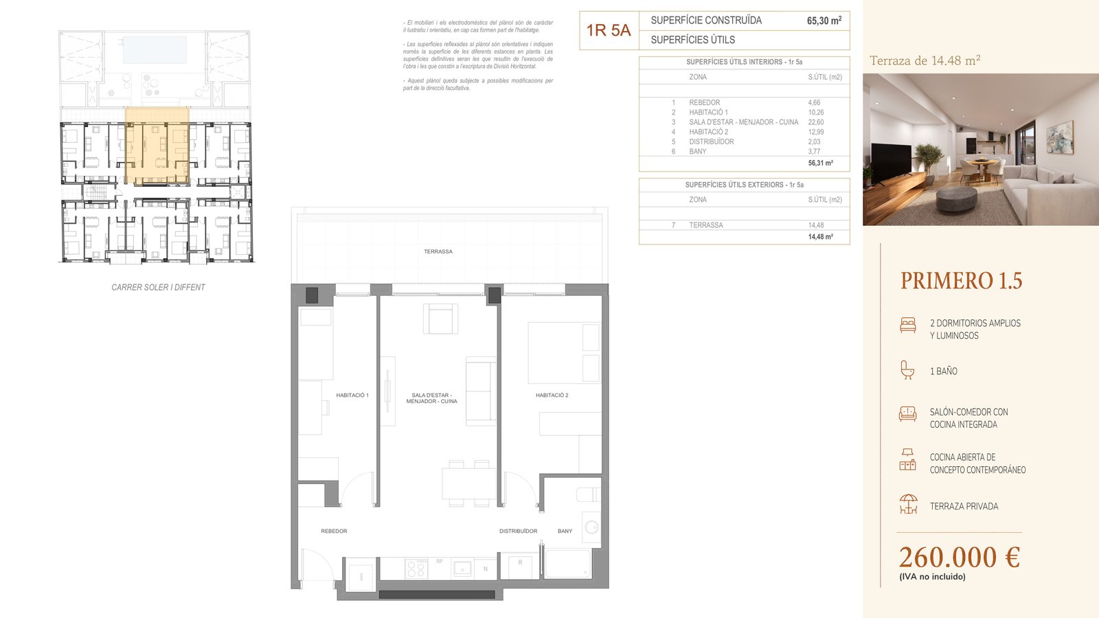 Plano de Primero 1.5 en Residencial Soler i Diffent, vivienda reservada
