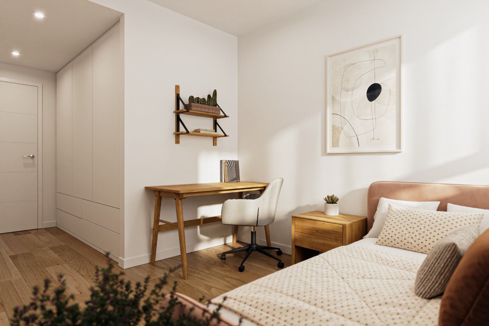 Render de dormitorio y escritorio de Residencial Soler i Diffent