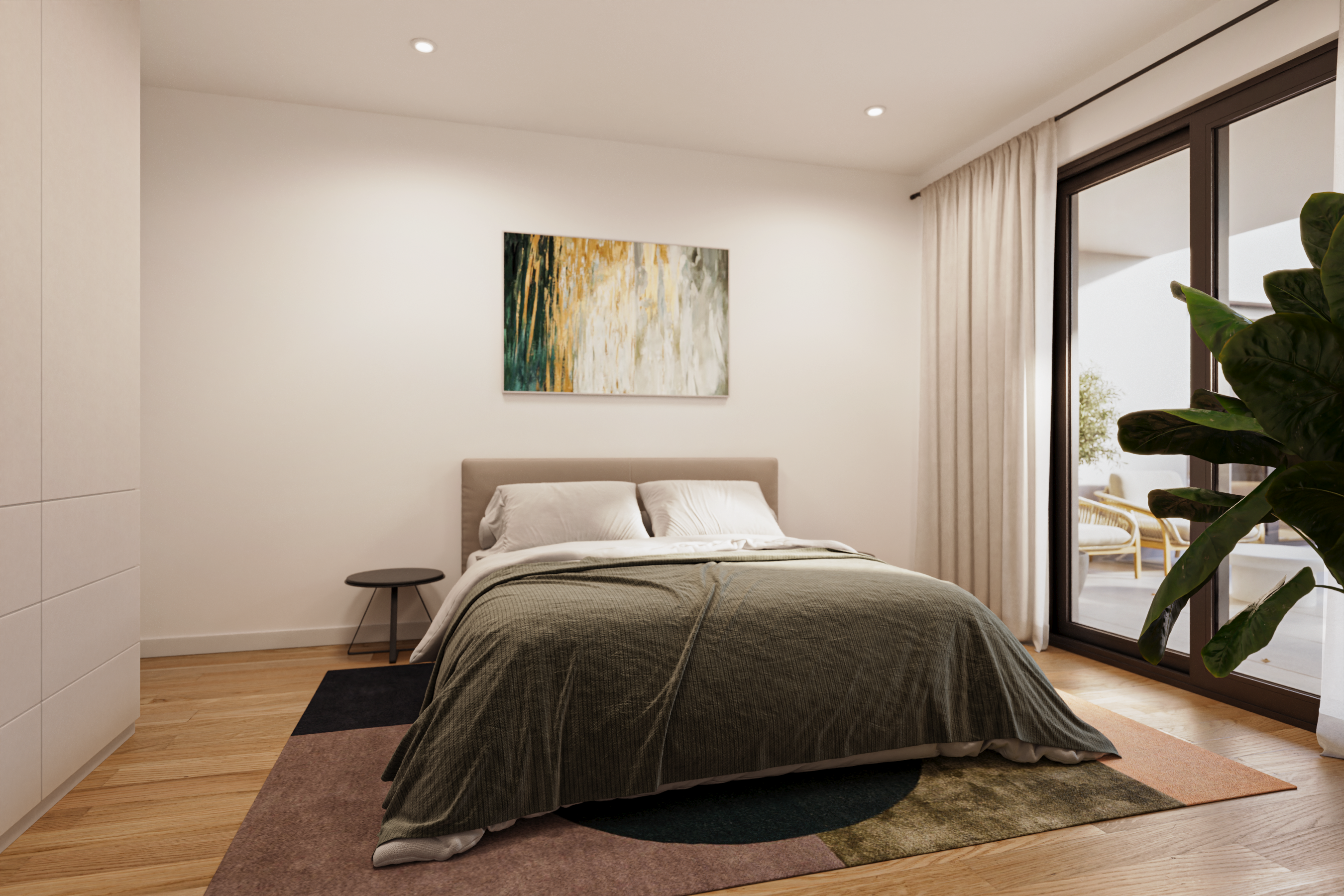 Render de dormitorio con luz natural