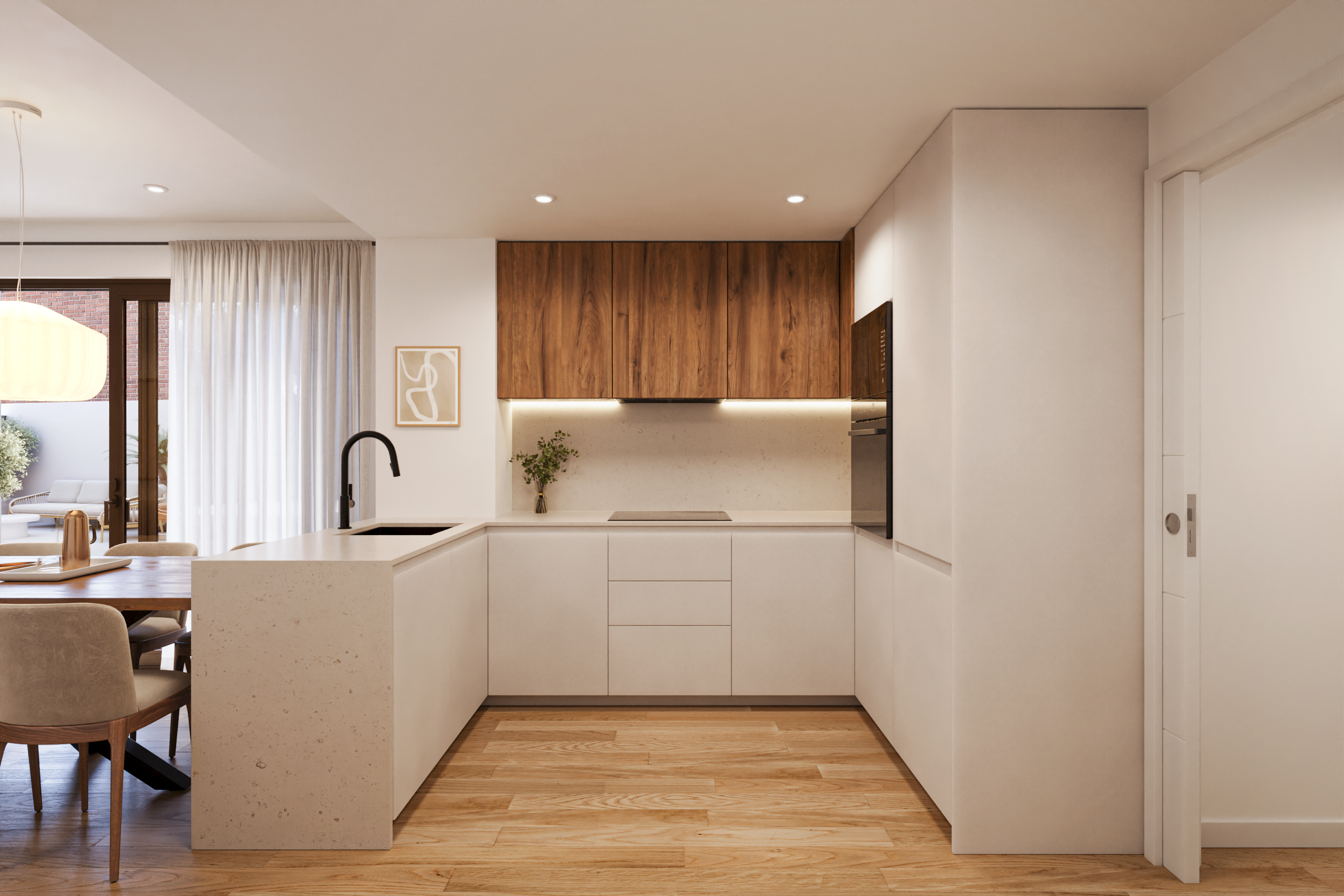 Render de salón y cocina integrada