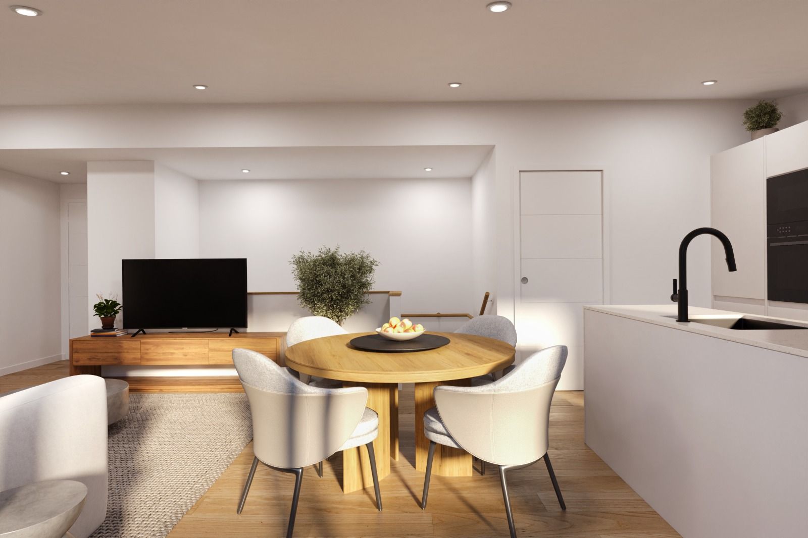 Render de salón comedor y cocina de Residencial Soler i Diffent