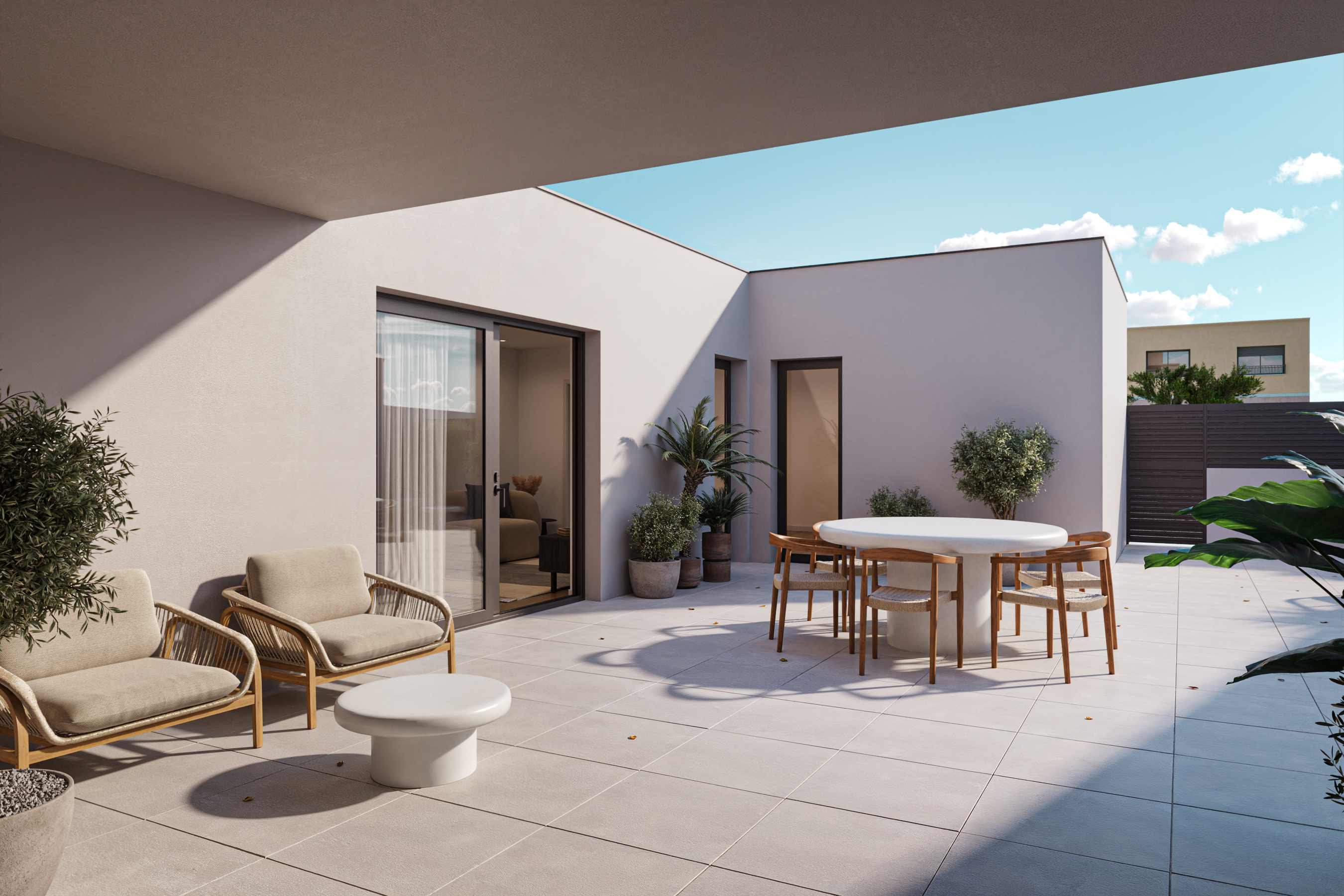 Render de terraza vinculada a la vivienda
